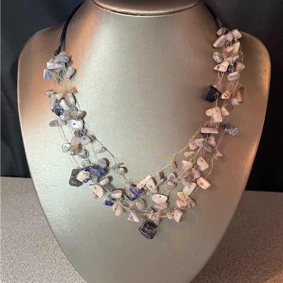Natural Chip Stone Blue/Grey Beaded Multi Strand Necklace - Picture 2 of 7